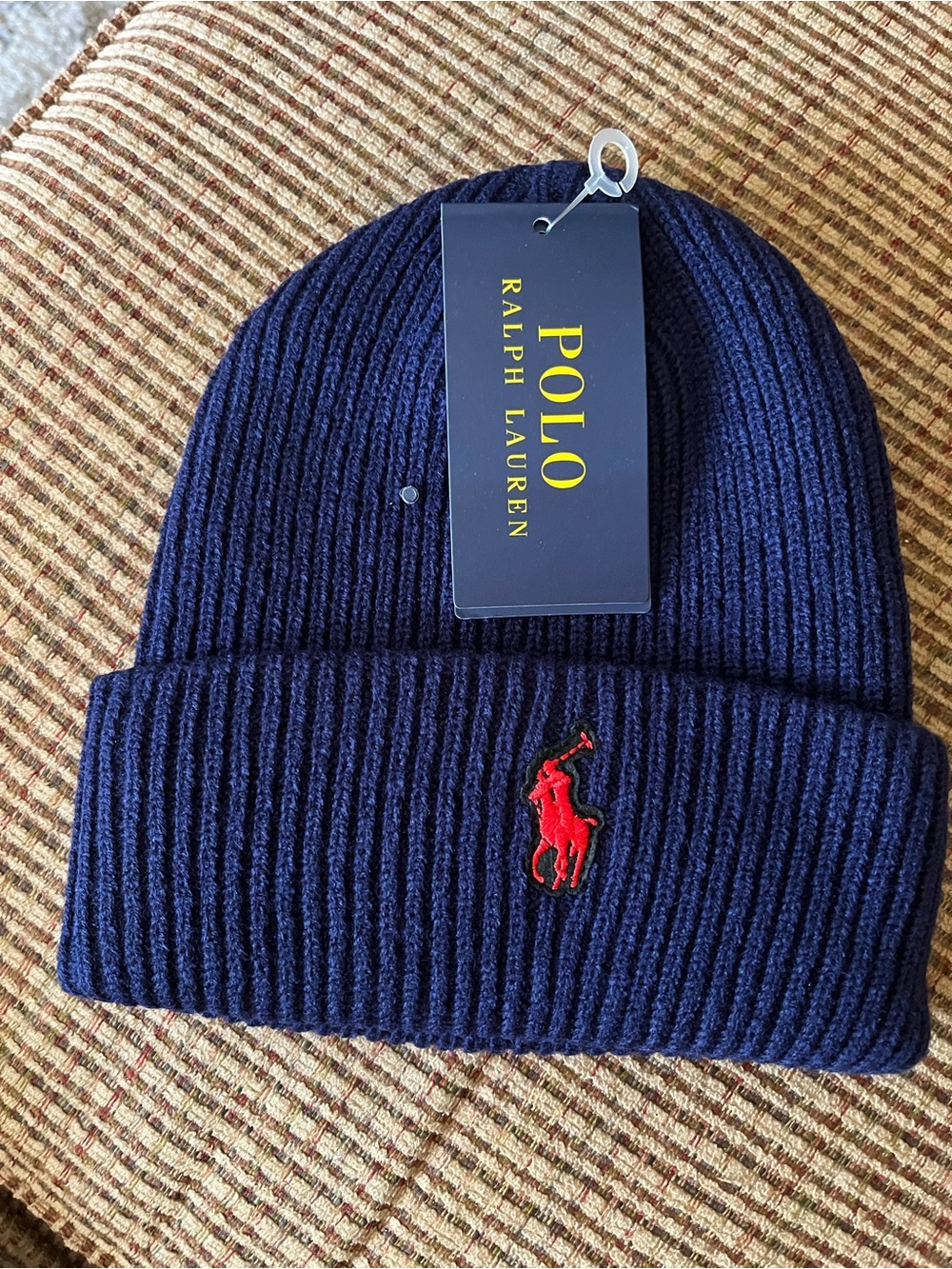 Polo by Ralph Lauren Navy Ribbed Beanie with Red Pony